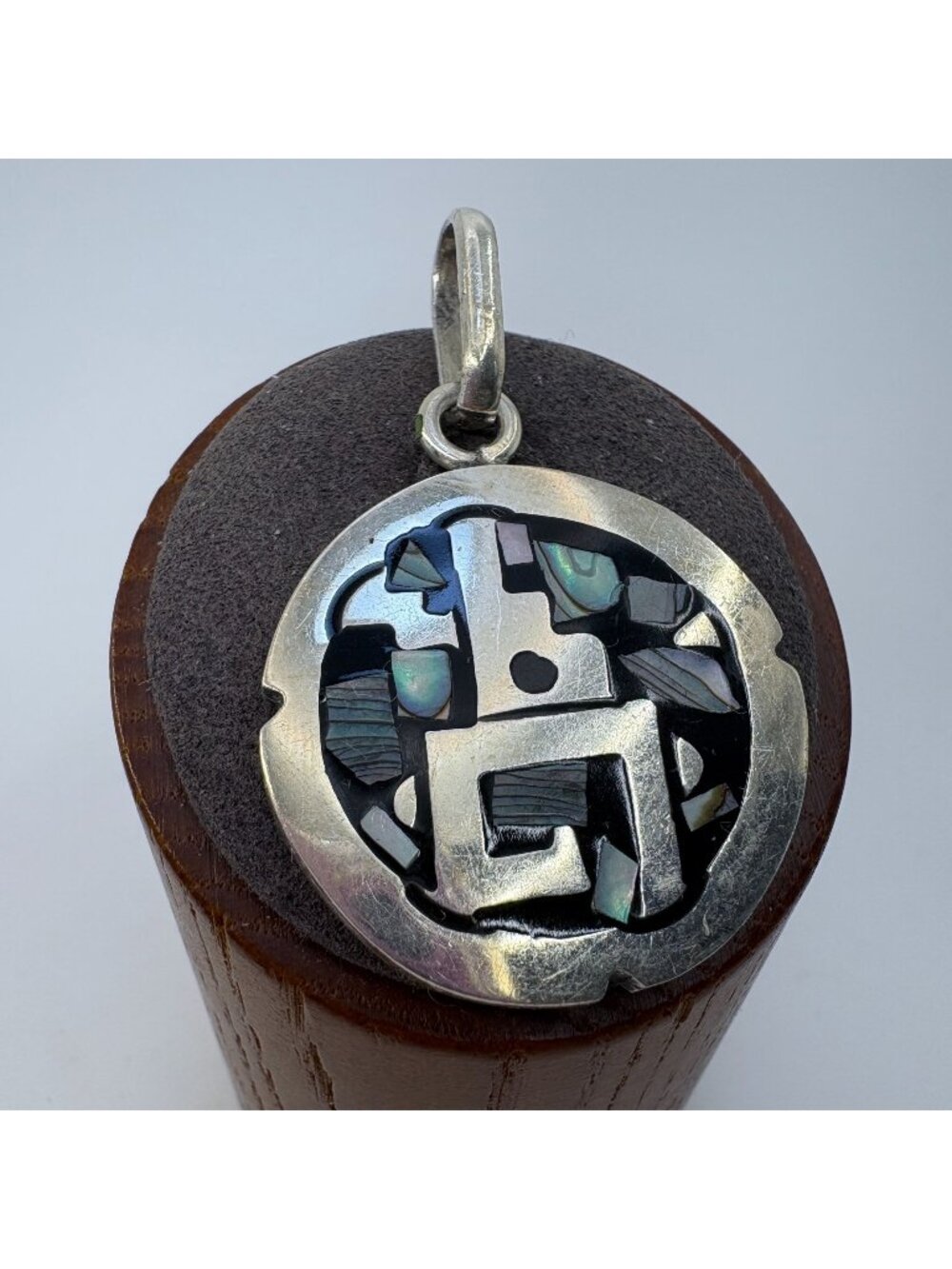 Abalone Inlay Sterling Silver 925 Circle Pendant Size 1.75" Length